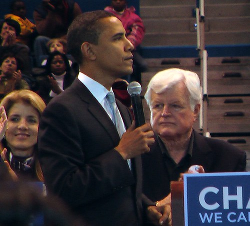 Presidential hopeful Barack Obama, with Caroline and Ted Kennedy, 