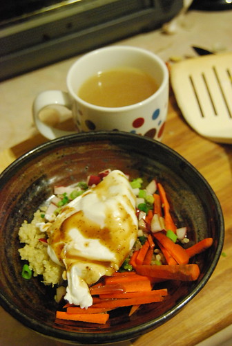 Quinoa with veg, poached egg and leek broth