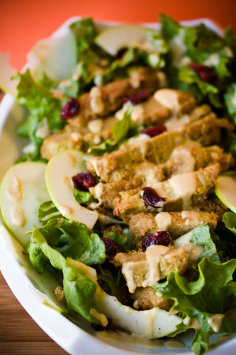 Apple Cranberry Salad with Fried Seitan and Almond Dijon Dressing