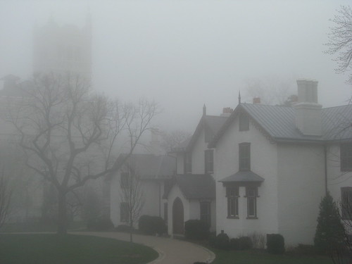 President Lincoln's Cottage on a foggy morning in April.  The Sherman Tower is visible in the background.