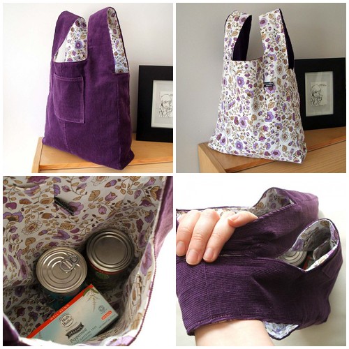 Damson and lilac reversible market tote bag