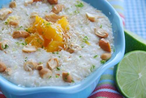 coconut lime rice pudding with mangoes and cashews