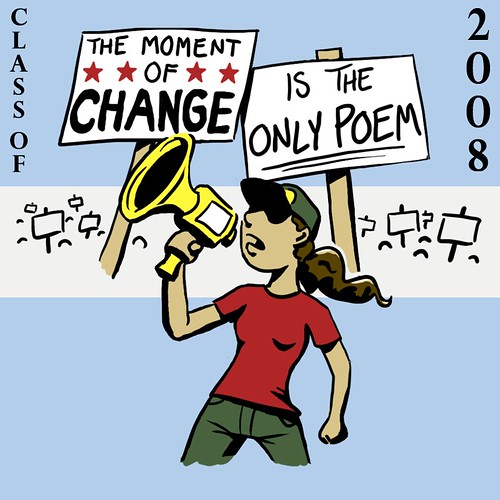 cartoon of a brown-haired woman with a megaphone standing in front of a crowd all holding signs -- the ones near her say, "The moment of change" "is the only poem"