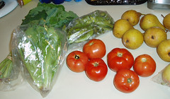 greens, tomatoes, pears