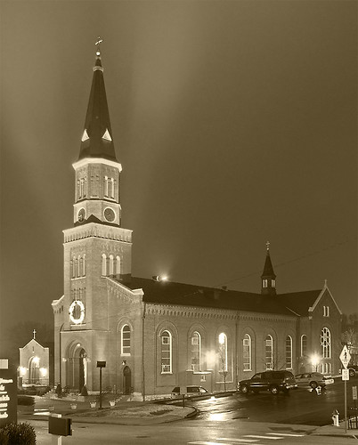 Saint Peter Roman Catholic Church, in Saint Charles, Missouri, USA - sepia-toned exterior at night.jpg