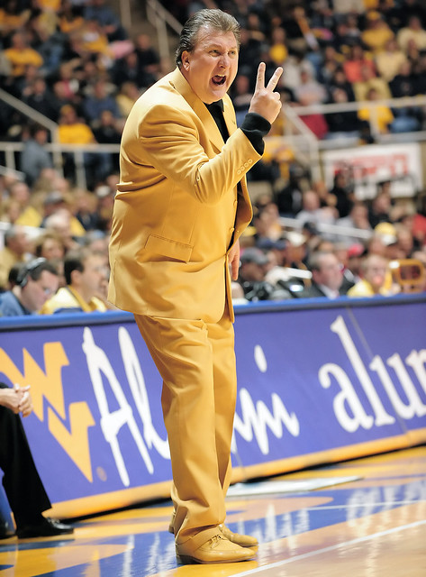 Bob Huggins sports his custom made suit proudly displaying the Mountaineer 