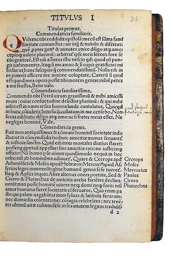 Rubricated initial and annotations in Philelphus, Johannes Marius: Novum epistolarium