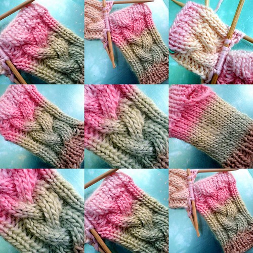 Pink and Green Fingerless Mitts Shaping Up