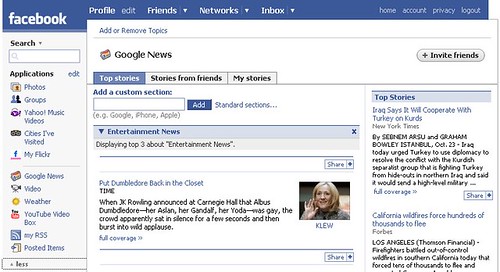 Google News application on Facebook