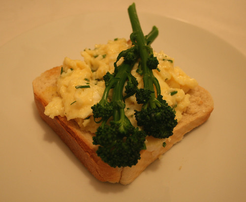 Purple Sprouting Broccoli with Scrambled Duck Eggs and Chives 1