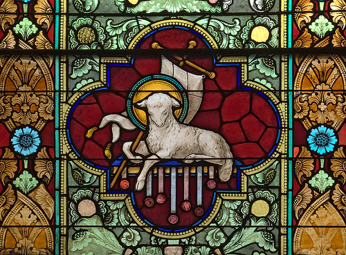 Saint Peter Roman Catholic Church, in Saint Charles, Missouri, USA - stained glass window of Lamb of God