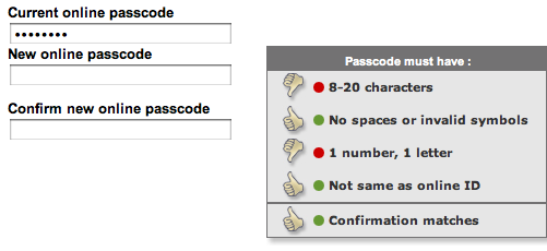 Password strength indicators prior to passcode change