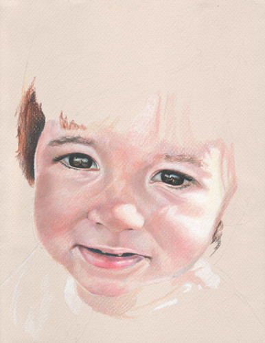 An in-progress colored pencil piece entitled Clara at 17 Months