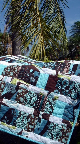 brown blue quilt outdoors