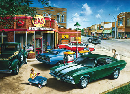  a whole bunch of classic muscle cars parked at a old school gas station