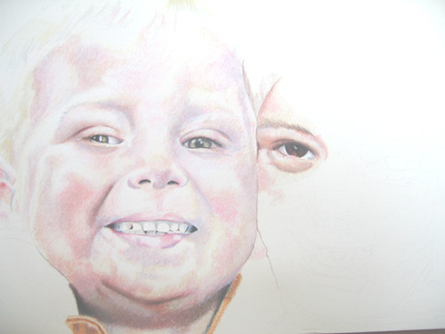 In progress scan of colored pencil drawing Nate & Hannah