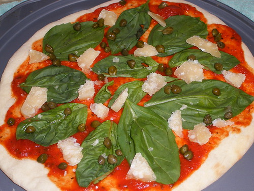 Caper and Basil Pizza Before Baking