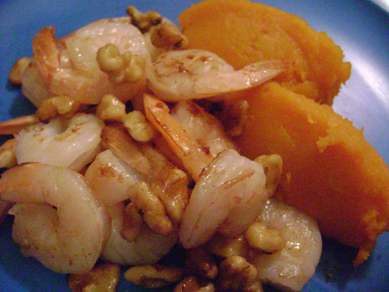 sauted shrimp and walnuts with ginger mashed butternut squash