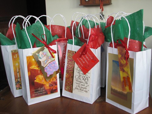 gift bags, tagged and filled with treats
