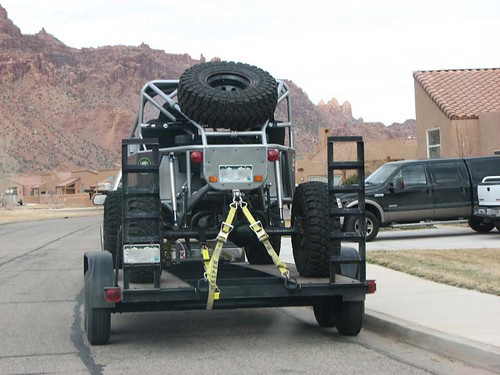 A rock crawler parked in a rental condo neighborhood in Moab.
