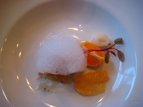 Jellyfish with a vinegar foam and fruit