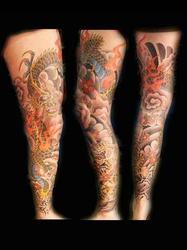 Dragon leg sleeve tattoo by