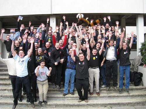 Mozilla community members jumping in joy at Fosdem, Brussels