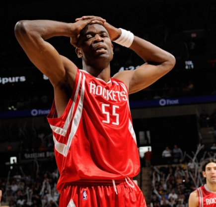 Dikembe Mutombo reacts after a referee's call Sunday afternoon in San Antonio as the Spurs blew out the Rockets, 109-88.  San Antonio shot 53% from the field, 64% in the first half while Houston only shot 40% with Tracy McGrady shooting only 23% for 13 points.