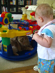 Jasper playing in Clara Ann's exersaucer