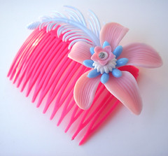 Pink and Blue Vintage Flowers Hair Comb / Barrette
