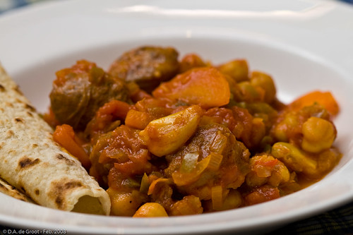 Spanish Sausage Stew with Chickpea Flatbread