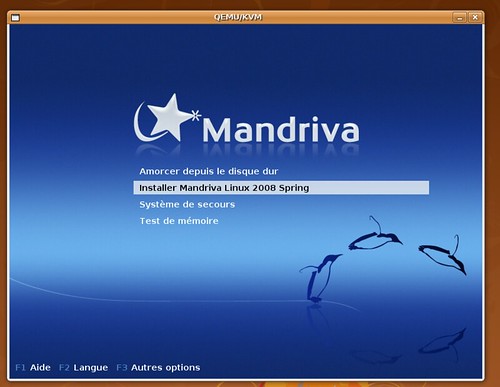 Ecran de démarrage de Mandriva 2008.1 dans KVM