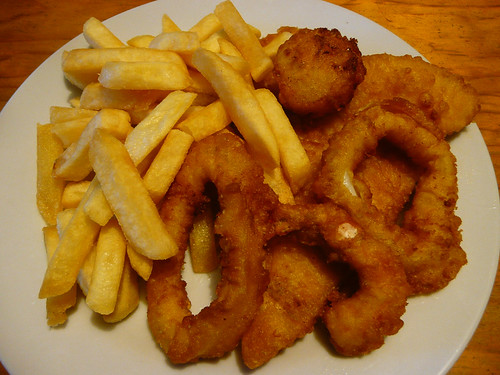 fish and chips takeaway. Fish and chips, calamari,