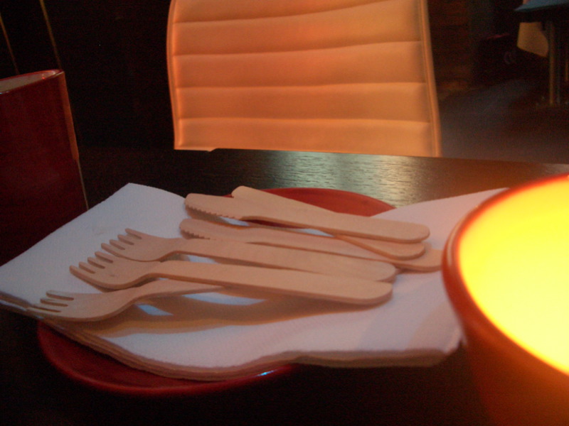 Wooden cutlery at Cafe Vue
