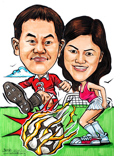 Caricatures couple soccer cheer lady