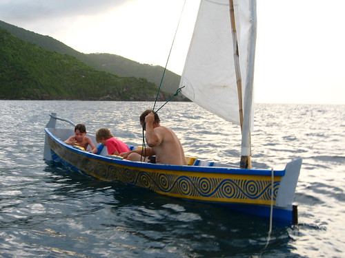 Aragorn and his boys transporting a traditional West Indian canoe near Tortola, The British Virgin Islands