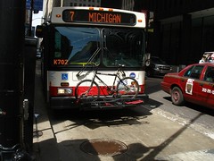 Downtown Chicago Bus with used bike rack.