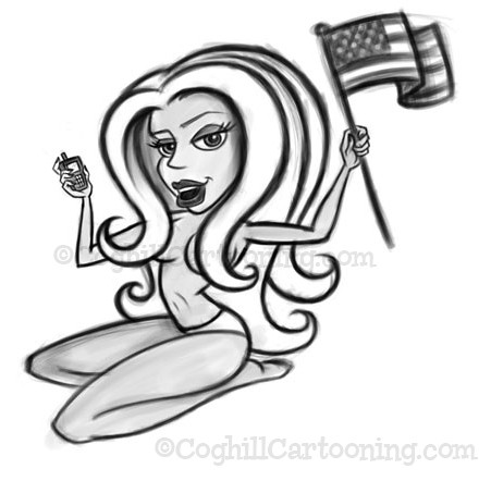 Cartoon pinup girl with American flag & mobile phone sketch