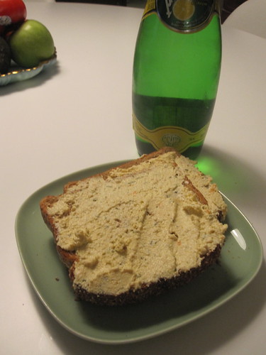 Toast with tofu spread, Perrier