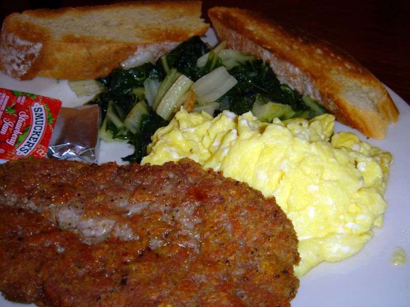 Scrambled Eggs with Italian Sausage and Swiss Chard