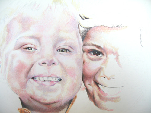 In progress scan of colored pencil drawing entitled Nate & Hannah
