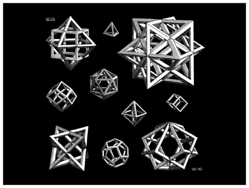 Escher_Studio per la xilografia su legno di testa Stelle_1948