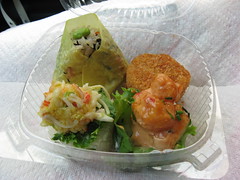 Oms/b: Rice ball in box - hijiki, salmon croquette, shrimp pop corn, crab salad