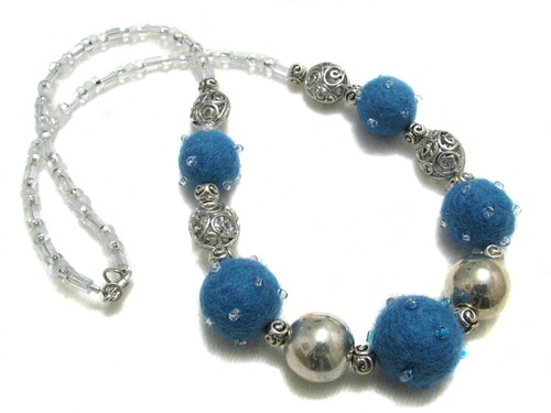 Blue Sparkly Felt Bead Necklace