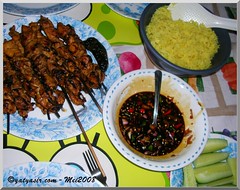 First time cooking at home again after the fire: Nasi kuning, sate ayam Makassar dengan bumbu kecap pedas, dan timun