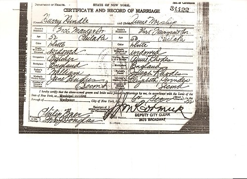 Marriage Cert Annie Worship & Harry Hindle 1922 New York USA