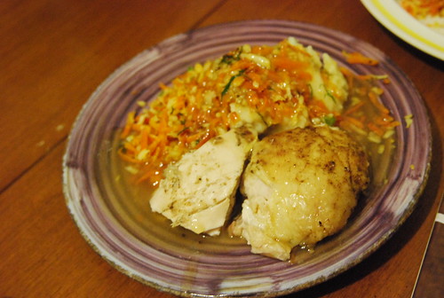 Roast chicken, potatoes, gravy and warm carrot salad
