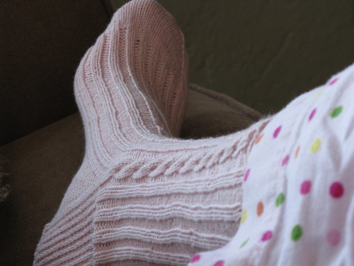 Finished pink cabled sock