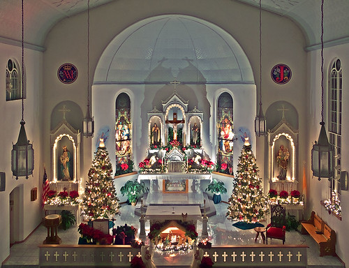 Saint Joseph Roman Catholic Church, in Apple Creek, Missouri, USA - view of nave with Christmas decorations 2