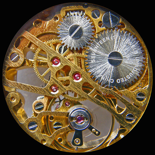 New old skeleton watchworks, seen through its crystal back